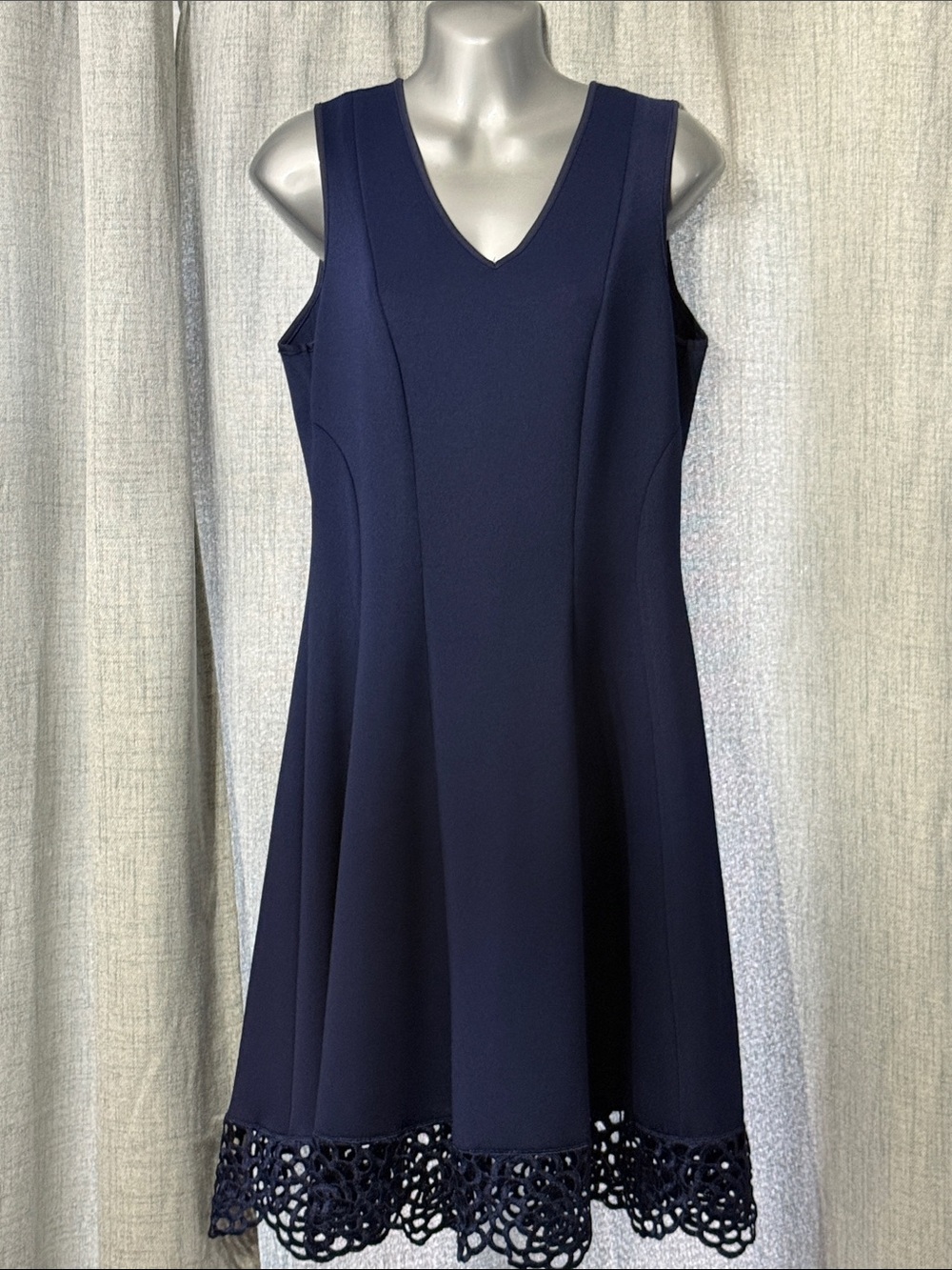 Donna Ricco Navy V-Neck A-Line Dress with Crochet Hem